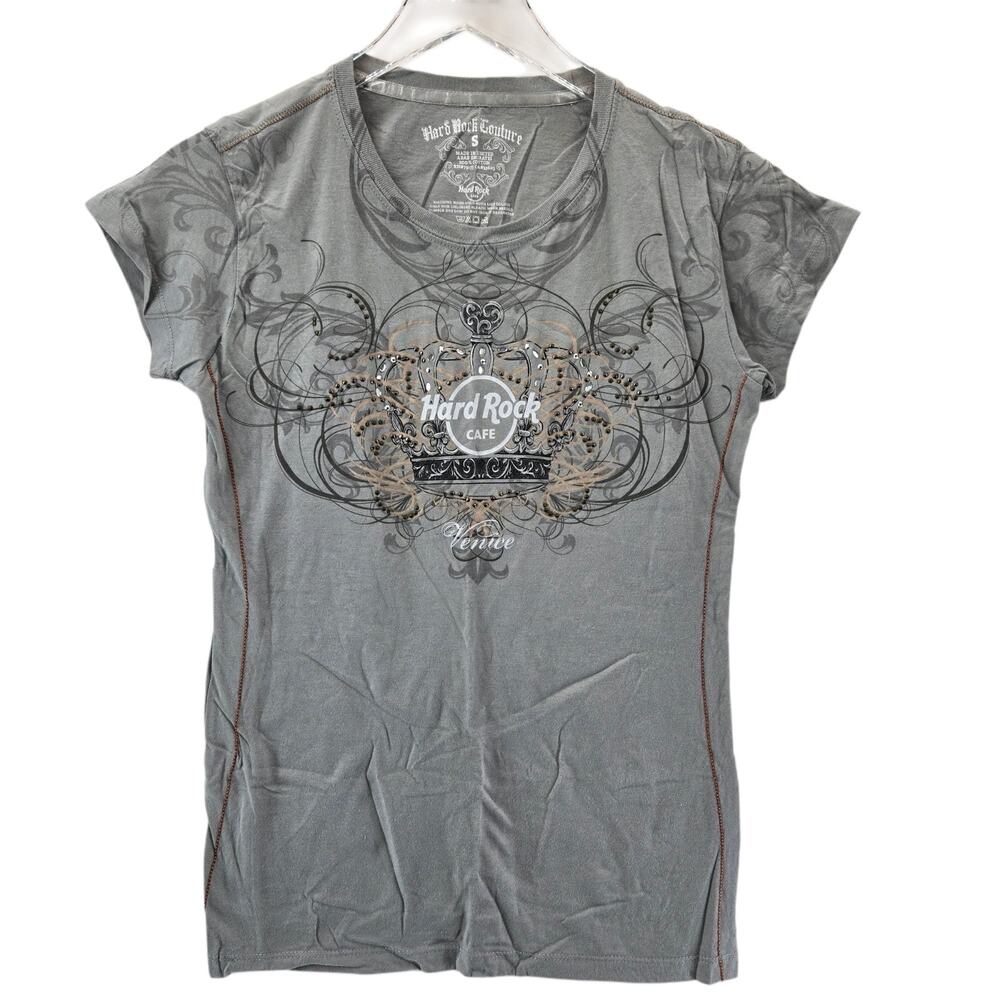 Hard Rock Cafe Tee Womens Small Gray Venice Italy Rhinestones Rock T-Shirt